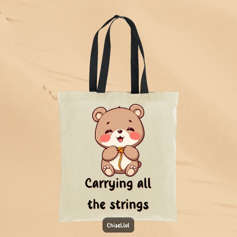 Funny Kawaii bear tote bag depicting a giggling character tying a colorful string knot with its paws, very useful.