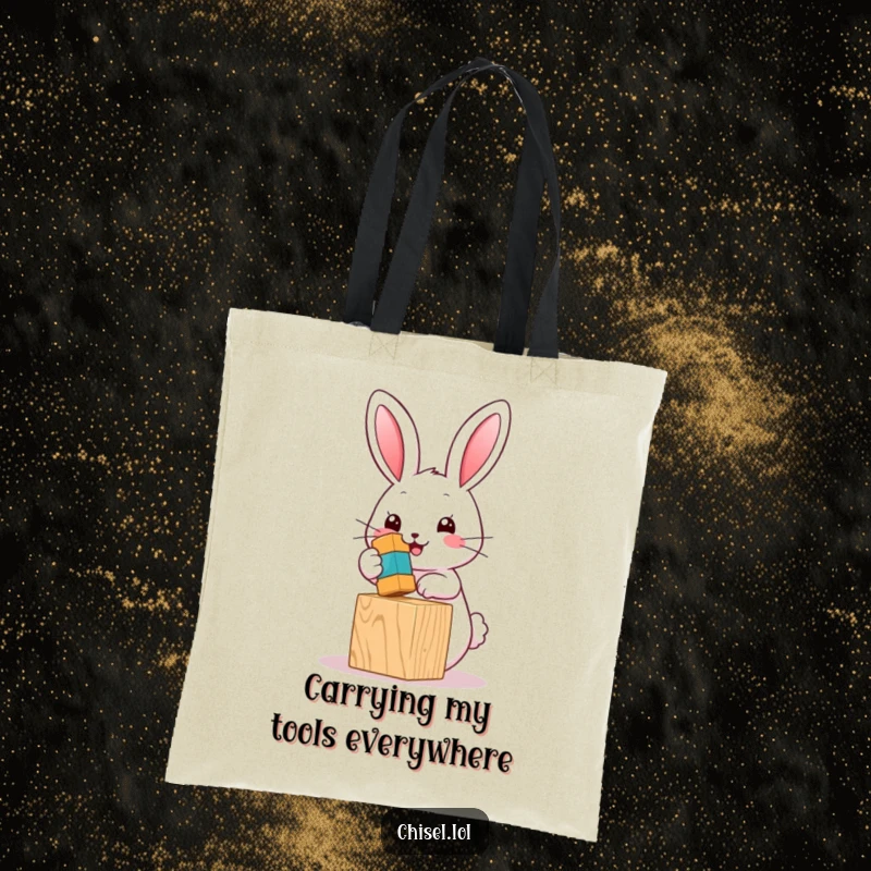 Funny Kawaii bunny tote bag depicting a cute character hammering a toy block with a small colorful hammer, very useful.