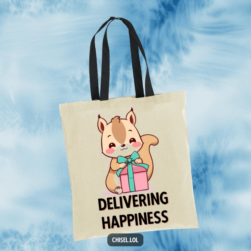 Funny Kawaii Squirrel Tote Bag: A playful squirrel tying a ribbon on a gift box, perfect for carrying presents or daily items.