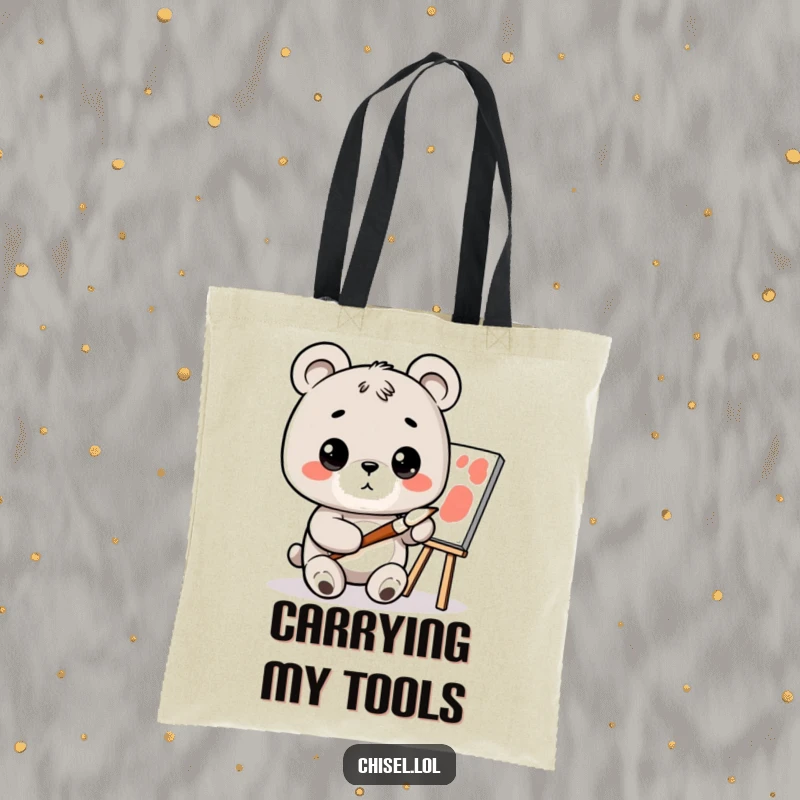 Funny Kawaii Bear Tote Bag: A curious bear holding a paintbrush, looking at a canvas, perfect for carrying art supplies.