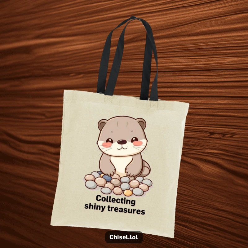 Funny Kawaii otter tote bag depicting a curious character arranging shiny pebbles into a pattern, very useful.